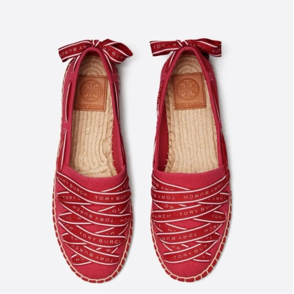 Tory Burch Grosgrains Crisscross Logo Ribbon Espadrilles Flats Red Size 5.5